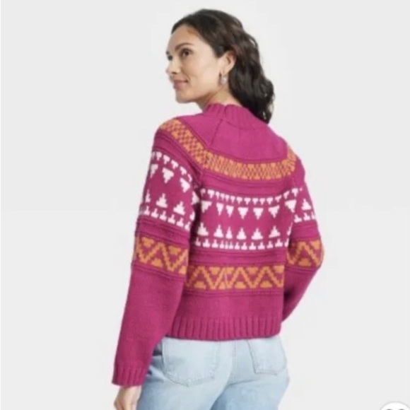 Universal Thread Fuchsia Pink Knitted Fair Isle Sweater Cropped Mock Neck Sz L - Picture 6 of 14